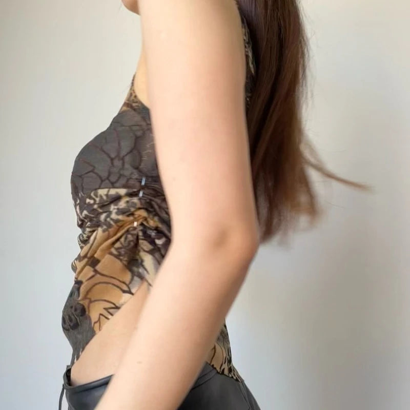 Hnewly Vintage Oblique Collar Print Tank Top Sexy Off Shoulder Sleeveless See-through Crop Top 90s Streetwear Slim Split Vest