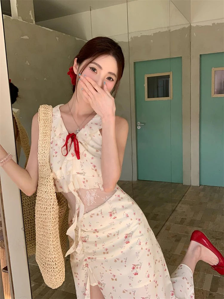 Hnewly Sweet Floral Patchwork Dress for Women Summer Elegant Ruffled Slit Dress Y2K Fashion Lace Up Bow Beach Vacation Party Vestidos