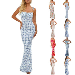 Hnewly  Female Elegant Slim Fitting Summer Floral Printed Bodycon Maxi Dress Spaghetti Strap Sleeveless Boho Style Streetwear Long Dress