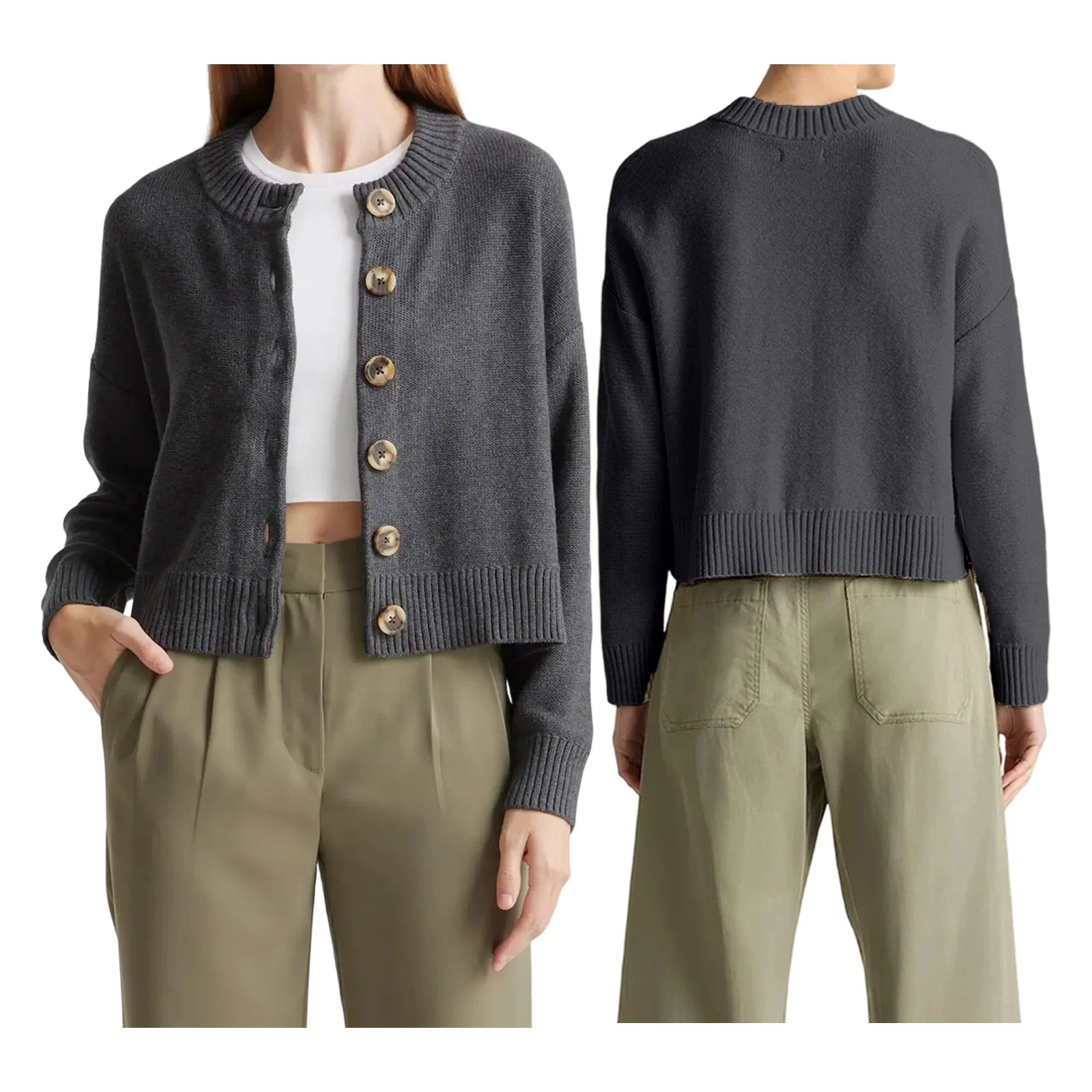 Hnewly Cardigan Tops y2k Women Clothes Solid Color Crew Neck Long Sleeve Button Down Knit Sweater 2000s Clothing Outwear