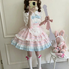 Hnewly  Sweet Elegant Lolita Dress Women Kawaii Fruit Print Short Sleeve Princess Dresses Cute Bow Peter Pan Collar Pary Dress Hot Girls