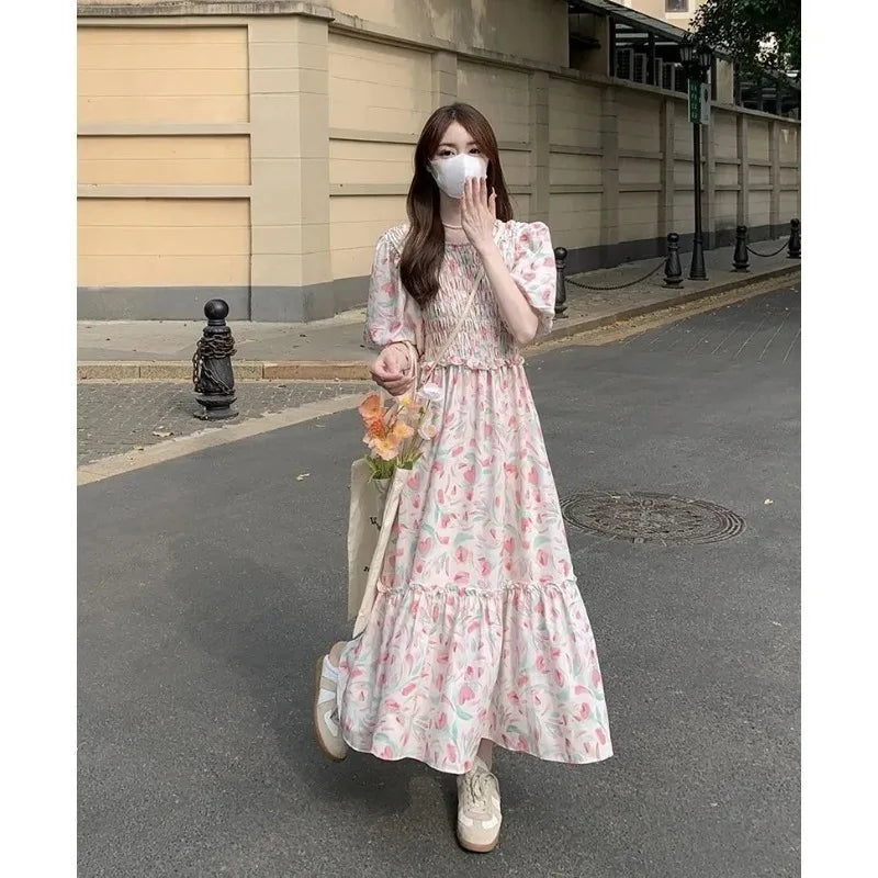 Hnewly  Woman Dress Sweet Floral Printed Puff Short Sleeve Vintage French Style Summer Fashion Casual Female Elegant Dresses