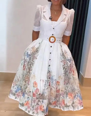 Hnewly  Floral Print Short Sleeve Waist Tied Detail Shirt Dress Casual A Line Midi Dress, Short Sleeve Button - Front ﻿