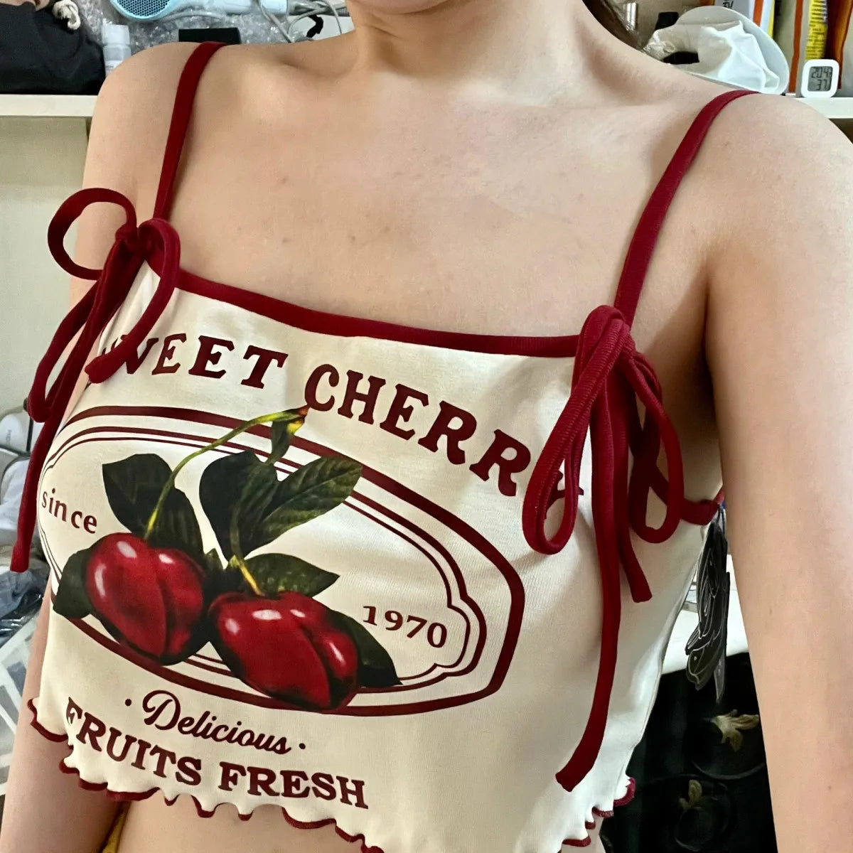 Hnewly  Cherry Print Camisole Vest for Women Y2k Fashion Sexy Slim Fit Crop Top T-shirts 2025 Summer New Strapless Tops Mujer