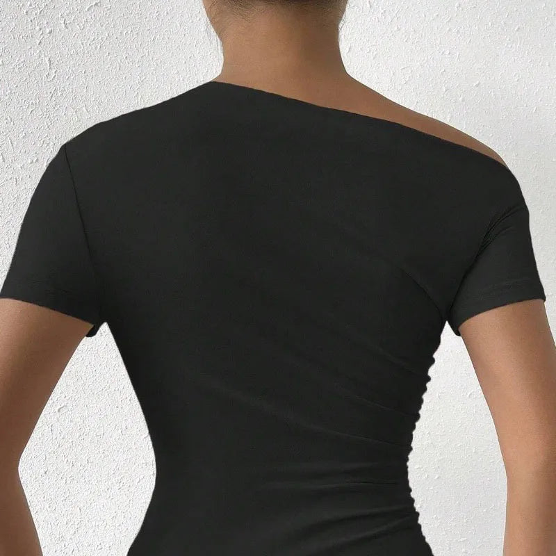 Hnewly Solid One Shoulder T-shirt, Elegant Short Sleeve Ruched Top For Spring & Summer, Women's Clothing