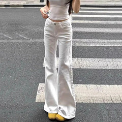 Hnewly  Korean Fashion High Waist White Jeans for Women Streetwear Slimming Micro Flared Denim Pants Woman Vintage Loose Trousers Female