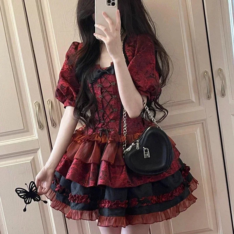 Hnewly Women's Victorian Gothic Lolita Lace Bow Slim Bandage Princess Dress, Japanese Harajuku Punk Style, Evening Party Dresses, Red,