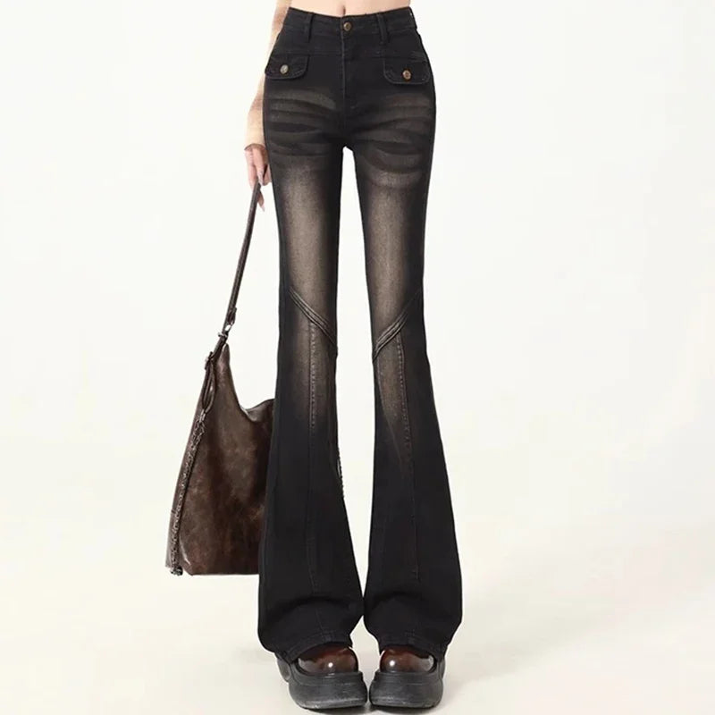 Hnewly Woman High Waist Elastic Spliced Wide Leg Jeans Female Vintage Slim Fit Flare Pants Lady Blue Black Grey Denim Trousers Big Size