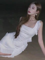 Hnewly  Women Dresses Ruffles Patchwork Irregular Split Square Collar Backless Holiday Temperament Party Dress Female Chic