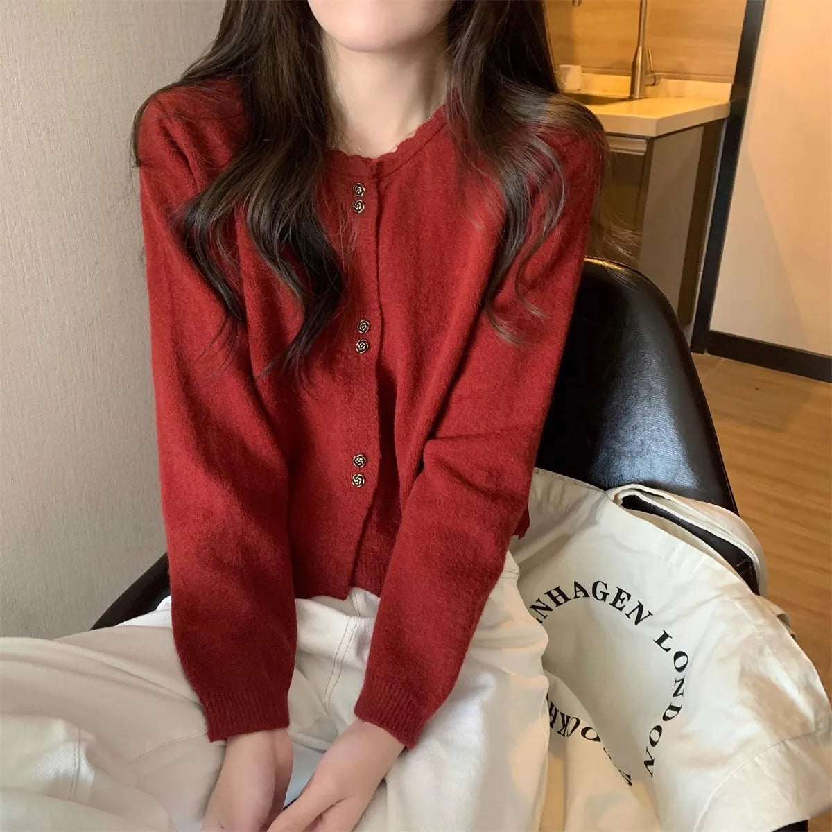 Hnewly  Sweet Short Hollowed Out Sweater Chic Buttons Long Sleeved Knitted  Cardigan Jacket Korean series Round Neck Loose Top