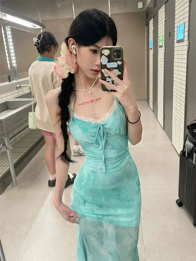 Hnewly  Oversize Lace Patchwork Camisole Dresses Sexy Slim Fit Bodycon Fishtail Dress for Women 2025 Summer New Vestidos Mujer