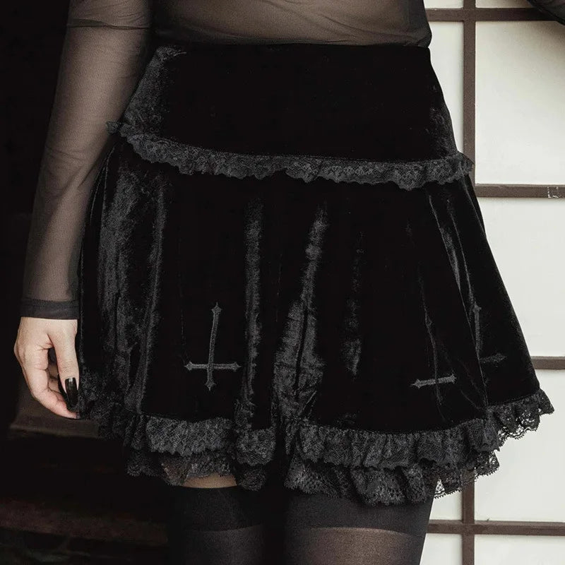 Hnewly Women Sexy Fashion Cross Summer Embroidery Black Gothic Style Casual Party Stylish Lace Trim Mini Skirts