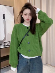 Hnewly  Button Down Crew Neck Cardigan Sweater for Women Long Sleeve Cozy Plain Cardigan Soft Knitwear Autumn Winter Casual Chic Outfit