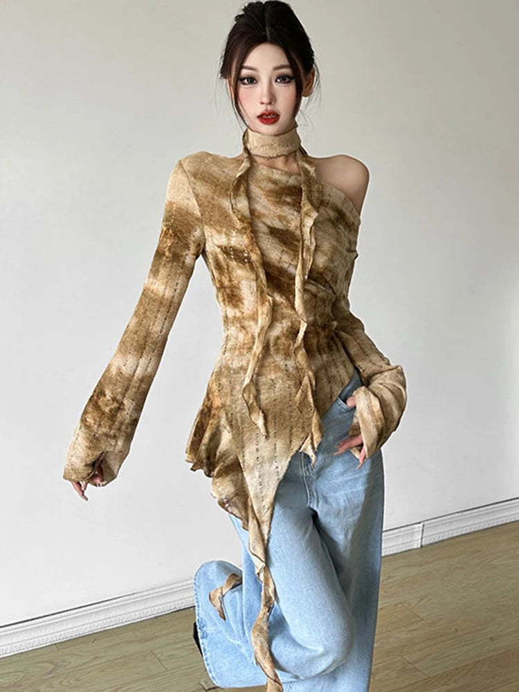 Hnewly Tie Dye Y2K T Shirts Women Sexy Off Shoulder Slim Gothic Tops Streetwear Vintage Long Sleeve Lace Up Lady Slash Neck Tees