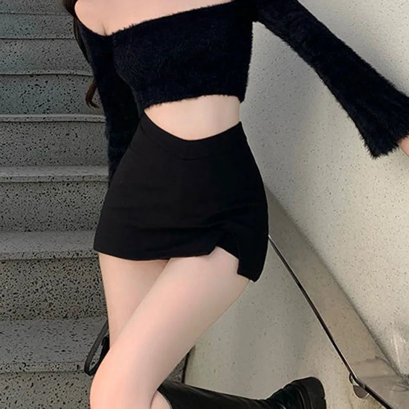 Hnewly Black Split Mini Skirts Women Summer Sexy Club High Waist Slit Skirt Streetwear Korean Party Fashion Irregular Slim A Line Skirt