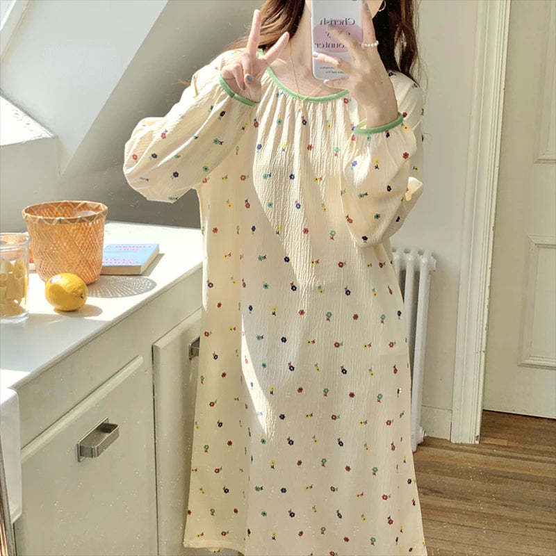 Hnewly Long Sleeve Nightgowns Women Floral Bow Temper Autumn Home Cozy Aesthetic O-neck Prairie Chic All-match Sleepwear Korean Style