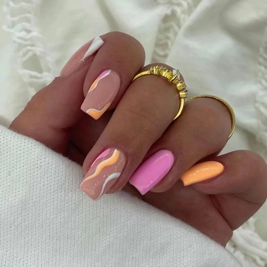 Hnewly 24Pcs Press On Nails Simple French Colorful Wavy Abstract Line Fake Nails Full Cover Nail Art Tips Coffin Square Head False Nail