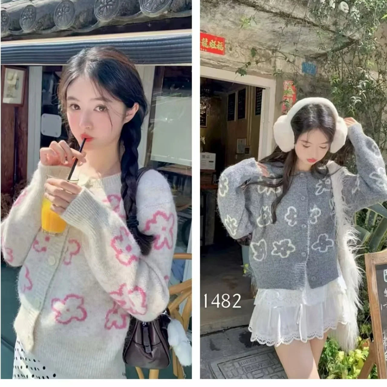 Hnewly  Cute Floral Knitted Cardigan for Women Cozy O-neck Button Front Sweater Jacket Teen-girl Fall Winter Korean Fashion Outfit