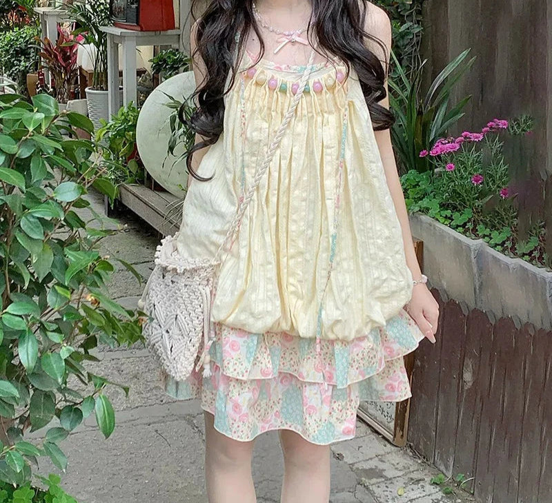 Hnewly Dress for Women Patchwork Chic Casual Pleated Dresses Spring Summer 2025 New Fashion Female Spaghetti Strap Sweet Dress