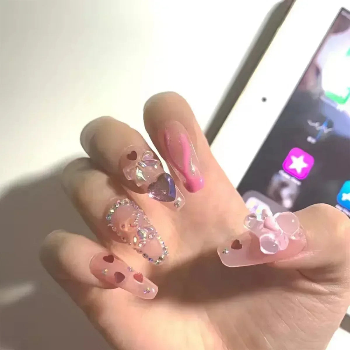 Hnewly 24Pcs False Nails French Gradient Ballet Fake Nails Press on Nails Black Heart Rhinestone Design Glitter Full Cover Nail Tips