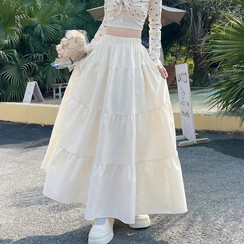 Hnewly  Korean Style Elastic High Waist White Skirt for Women Summer Loose Pleated Long Skirts Woman Vacation A Line Umbrella Skirt