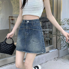 Hnewly  Summer High Waist Short Denim Skirts for Women Streetwear Pocket A Line Mini Skirt Woman Korean Chic Loose Jeans Skirt Female