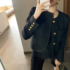 Hnewly  Autumn New Black Tweed Coat Women Korean Elegant O-neck Slim Fit Tops  Y2k Grunge Long Sleeve Jackets Mujer