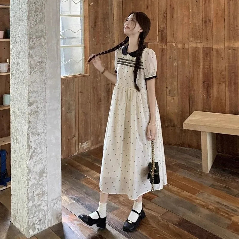 Hnewly  Women Dresses Women Lace Patchwork Peter Pan Collar Polka Dot Puff Short Sleeve Summer Fashion Sweet Elegant Dress