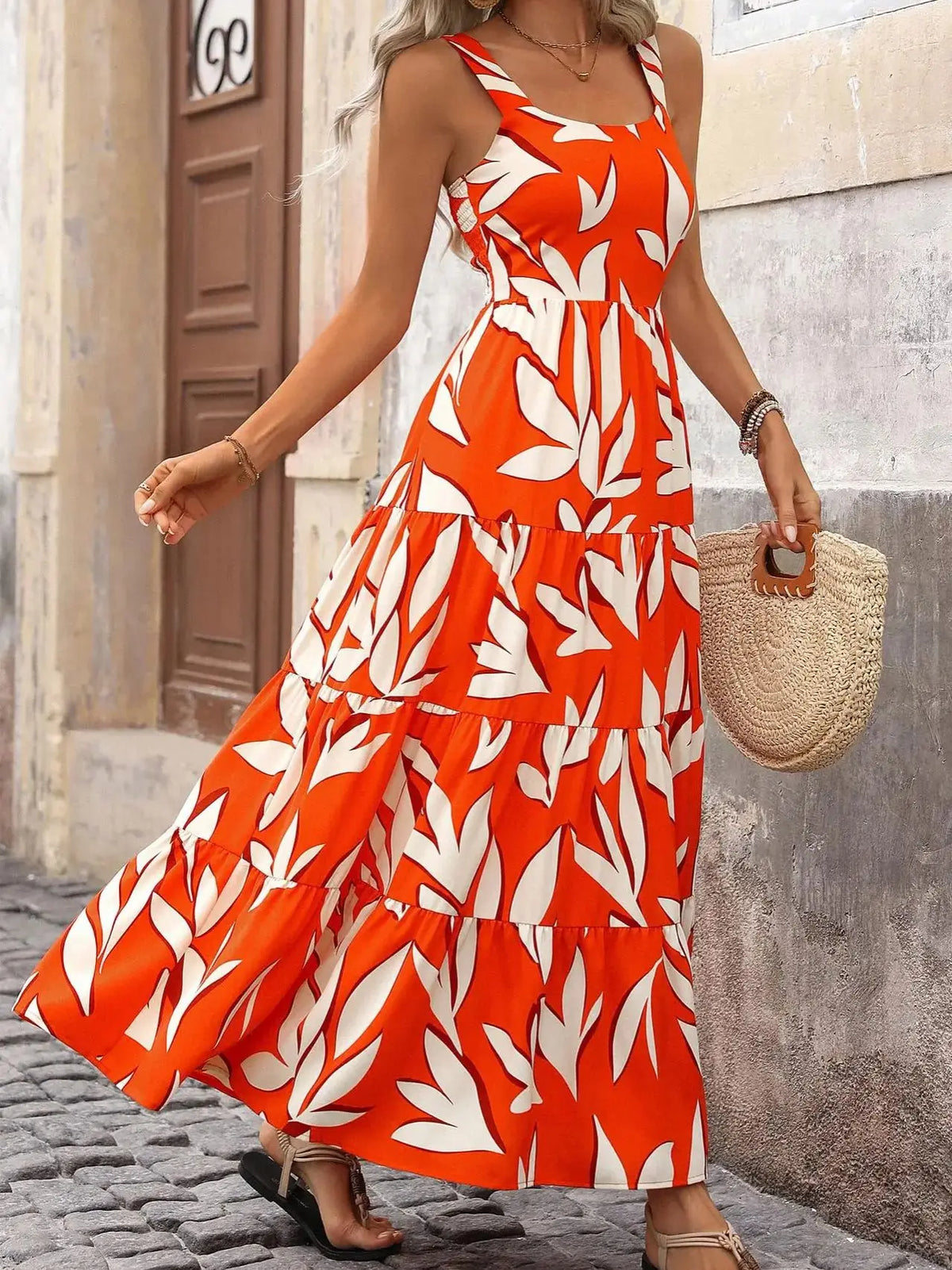 Hnewly  Women's Leaf Print Tank Dress, Boho Fashion Casual Ruffle Trim Long Dress for Beach Holiday Vacation, Ladies Summer Clothes