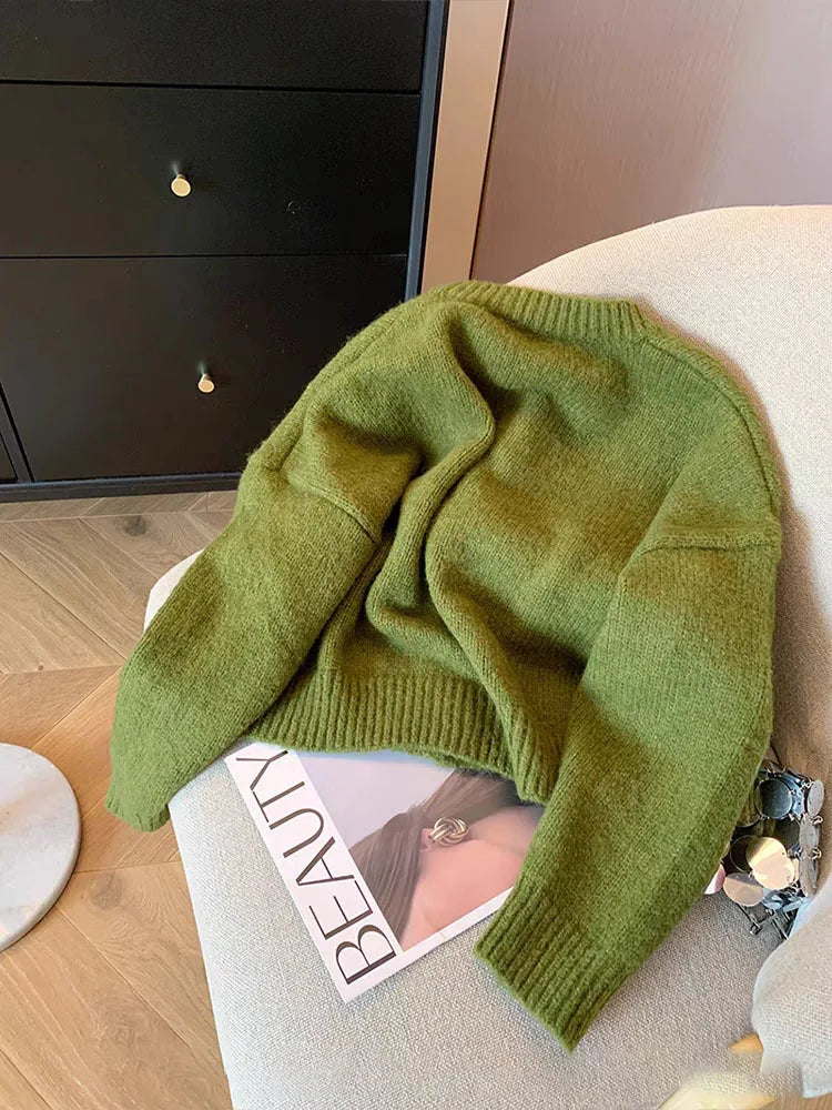 Hnewly  Green Crochet Knitted Sweater Women's Retro Soft  Embroidery Loose Long Sleeved Jacket Round Neck Single Breasted Cardigan Top