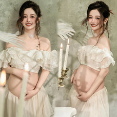 Hnewly  Women Ruffles Tube Top with A-line Skirt 2pcs Set for Photography Shooting Elegant Photo Clothing Maternity Pregant Photo Shoot