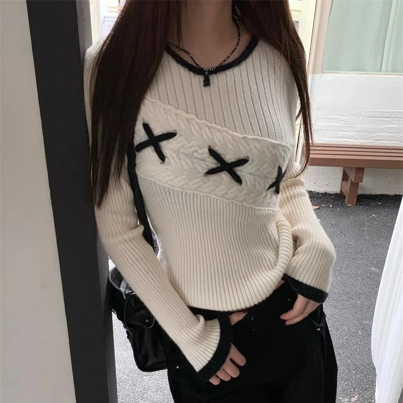 Hnewly Korean Style Elegant Sweaters Sweet Vintage Long Sleeve Knitted Pullover Autumn Winter Patchwork Sweaters Aesthetics