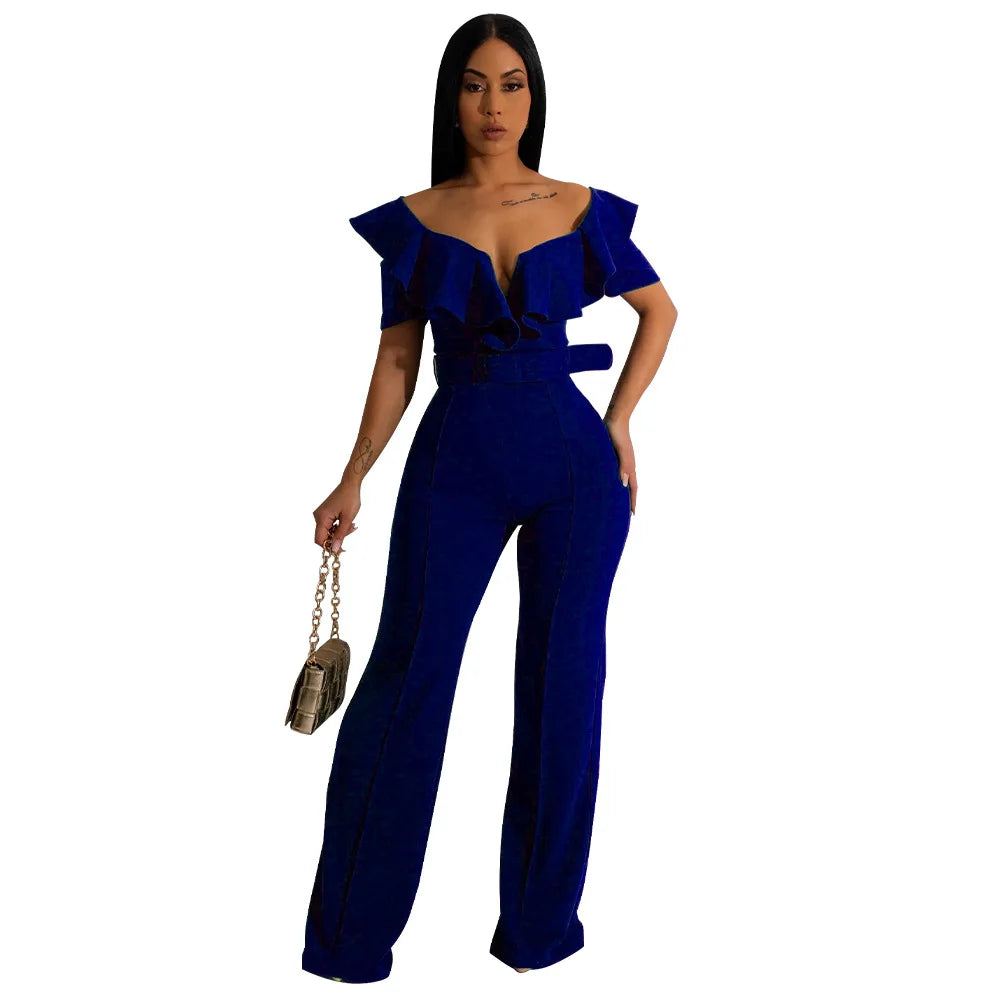 Hnewly Sexy Women Solid Color V Neck Flounce Girdling One-piece Long Sleeve Elegant Wide-Leg Jumpsuits Party Overalls