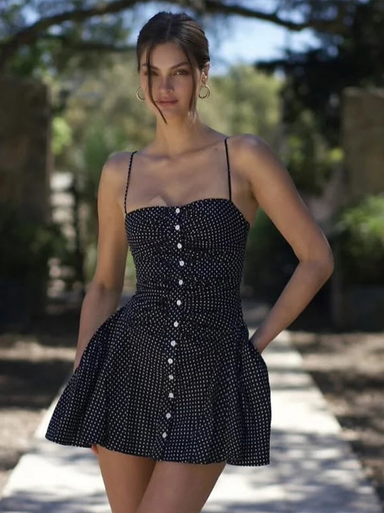 Hnewly Speckled Print Dress Women Summer Spaghetti Strap Sleeveless Single-Breasted Pleated Midnight Club Party Mini Bodycon