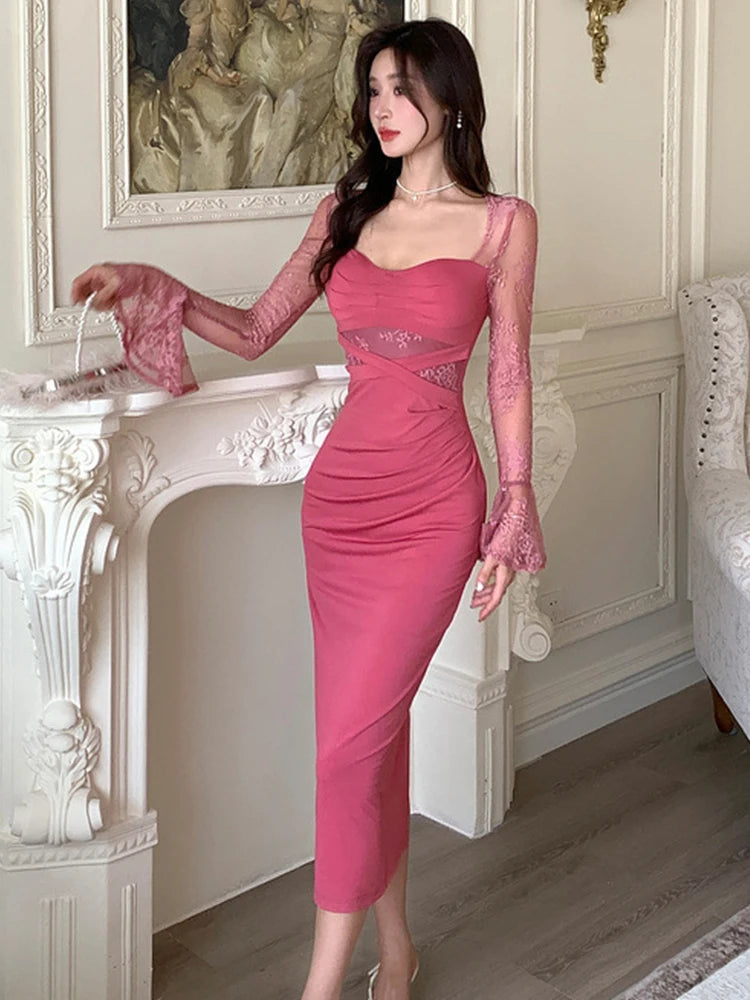 Hnewly New Autumn Fashion Sweet Stretchy Long Dress Women Clothes Elegant Sexy Square Collar Skinny Folds Midi Robe Party Prom Vestidos