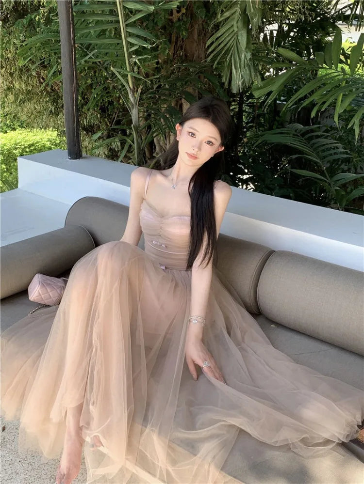 Hnewly  Woman Dress Bow Sleeveless Slash Neck Mesh Patchwork Princess Sweet Elegant Summer Fashion Party Dresses Female