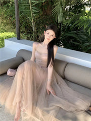 Hnewly  Woman Dress Bow Sleeveless Slash Neck Mesh Patchwork Princess Sweet Elegant Summer Fashion Party Dresses Female
