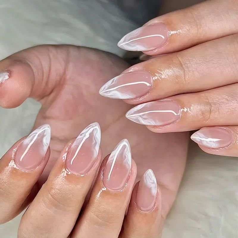 Hnewly 24Pcs Cat Eye Press on Nails with Almond Head Bow Diamond Stick on False Nail Sweet Pink French Full Cover Artificial Nails Tips