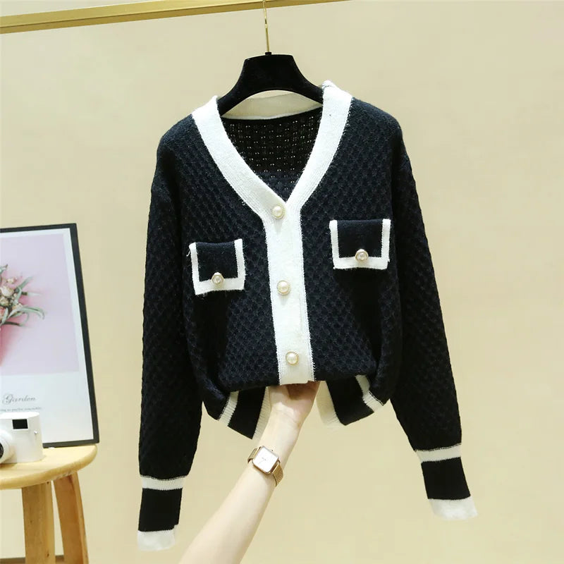 Hnewly  Korean Knit Sweater Temperament V-neck Single Breasted Jacket Women's Spring Autumn New Loose Long-Sleeved Cardigans  Coat