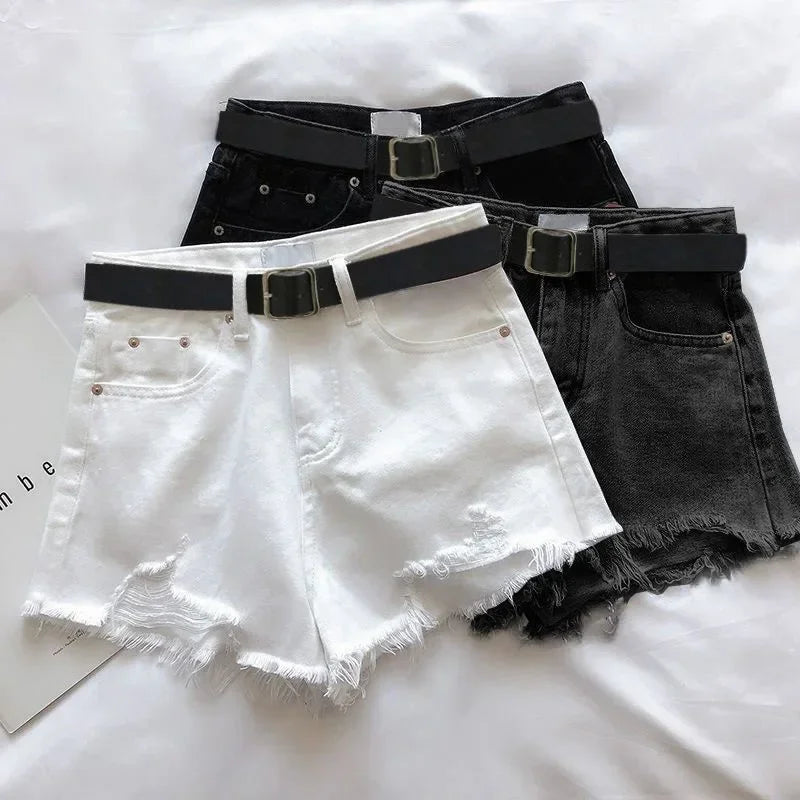 Hnewly summer inspo Women High Street Denim Shorts With Belt Casual High Waist A-line Jean Shorts Female Office Trousers Streetwear Summer