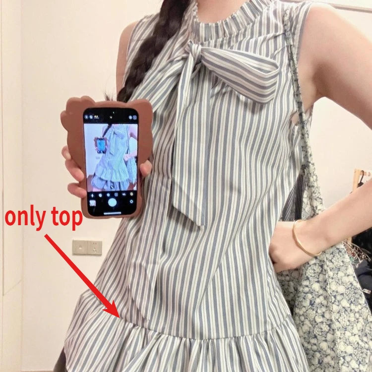 Hnewly  Summer New Elegant Striped Halter Sleeveless Shirts Women+ Y2k Fashion High Waist Floral Bud Skirts Two Piece Sets