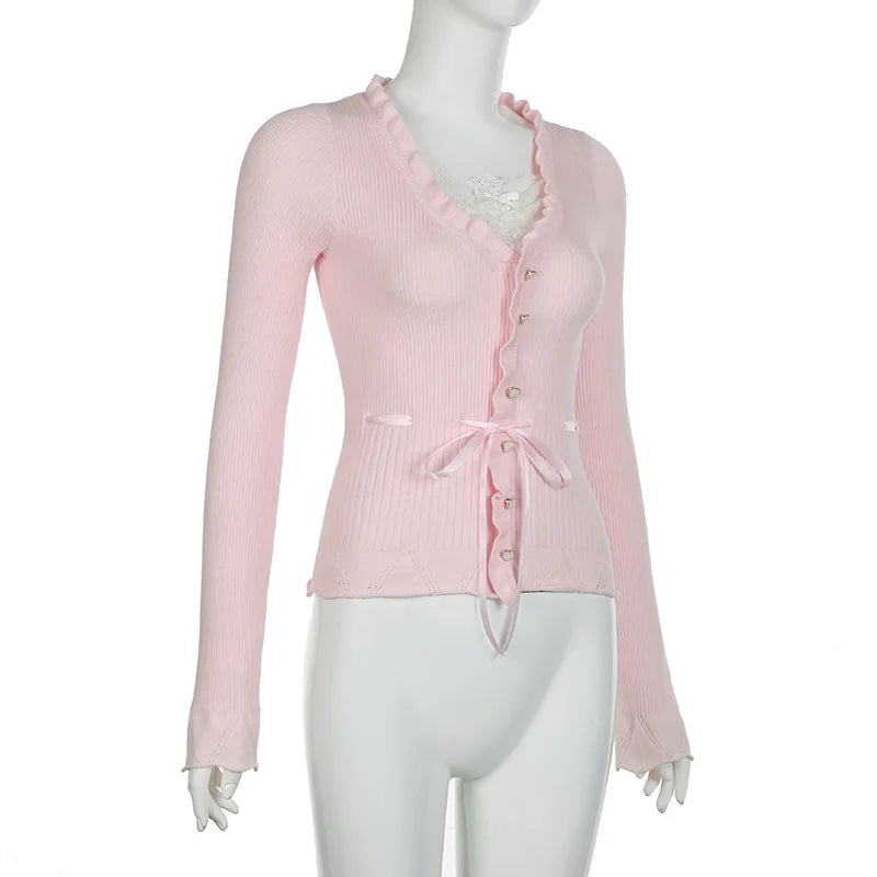 Hnewly Fairycore Clothing Top y2k Women Ruffle Lace Patchwork Long Sleeve Knitted T Shirt 2000s Coquette Clothes Streetwear