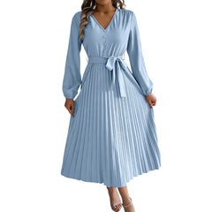 Hnewly  Women's Fashion Retro Elegant Solid Color Elegant V-neck Button Tie Long Sleeve High Waist Pleated A-line Dress