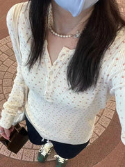 Hnewly  Pink Floral Waffle Long Sleeve T-Shirt Woman Spring Buttons Round Neck Cotton Slim Tee Top Sweet Cute Preppy Style Tshirt Y2k