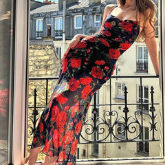 Hnewly  Flowers Print Spaghetti Strap Dresses Women Temperament Package Hip Bodycon Long Dress Fashion Sexy Backless Lady Slim Vestidos