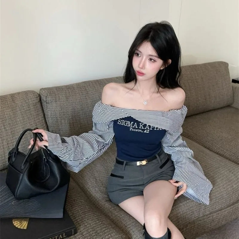Hnewly  American Retro Striped Slim Fit Shirts Women Y2k Off Shoulder Long Sleeved Blouses Korean Fashion Letter Print Tops Mujer