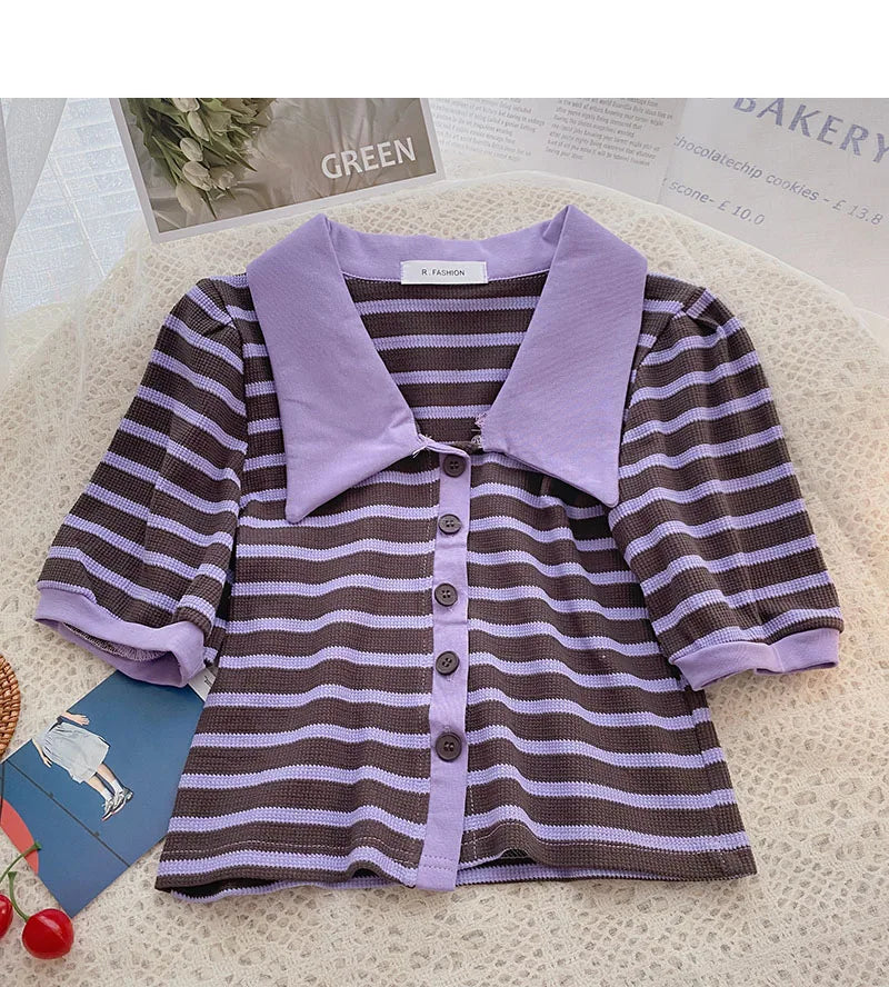 Hnewly Korean Contrast Stripe T-shirt Cardigan 2025 New Summer Women's Commuting Fashion Buttons Lapel Shirt Slim Versatile Top Trend