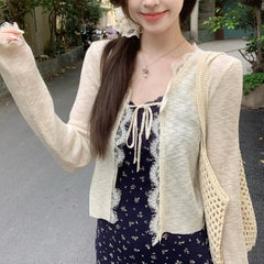 Hnewly  Lace Trim Tie Up Knit Top for Women Sheer Knitted Crop Cardigan Long Sleeve Open Jacket Teen-girl Y2K Sweetgirl Cute Outfit