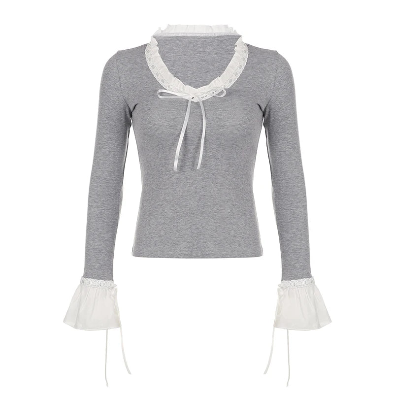 Hnewly Lace Frill Bow T-Shirts Patchwork Long Sleeve Y2K Sweet Girl Slim Fit Korean Harajuku Casual Women Cotton Pullover Tops