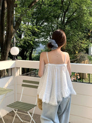Hnewly  Striped Camis Women Lace Patchwork Summer Fashion Loose Slash Neck Chic Sweet Tank Tops Female Casual Backless